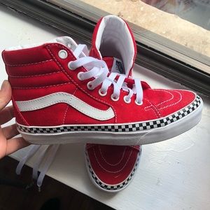 High Top Red Vans with Checker Detail